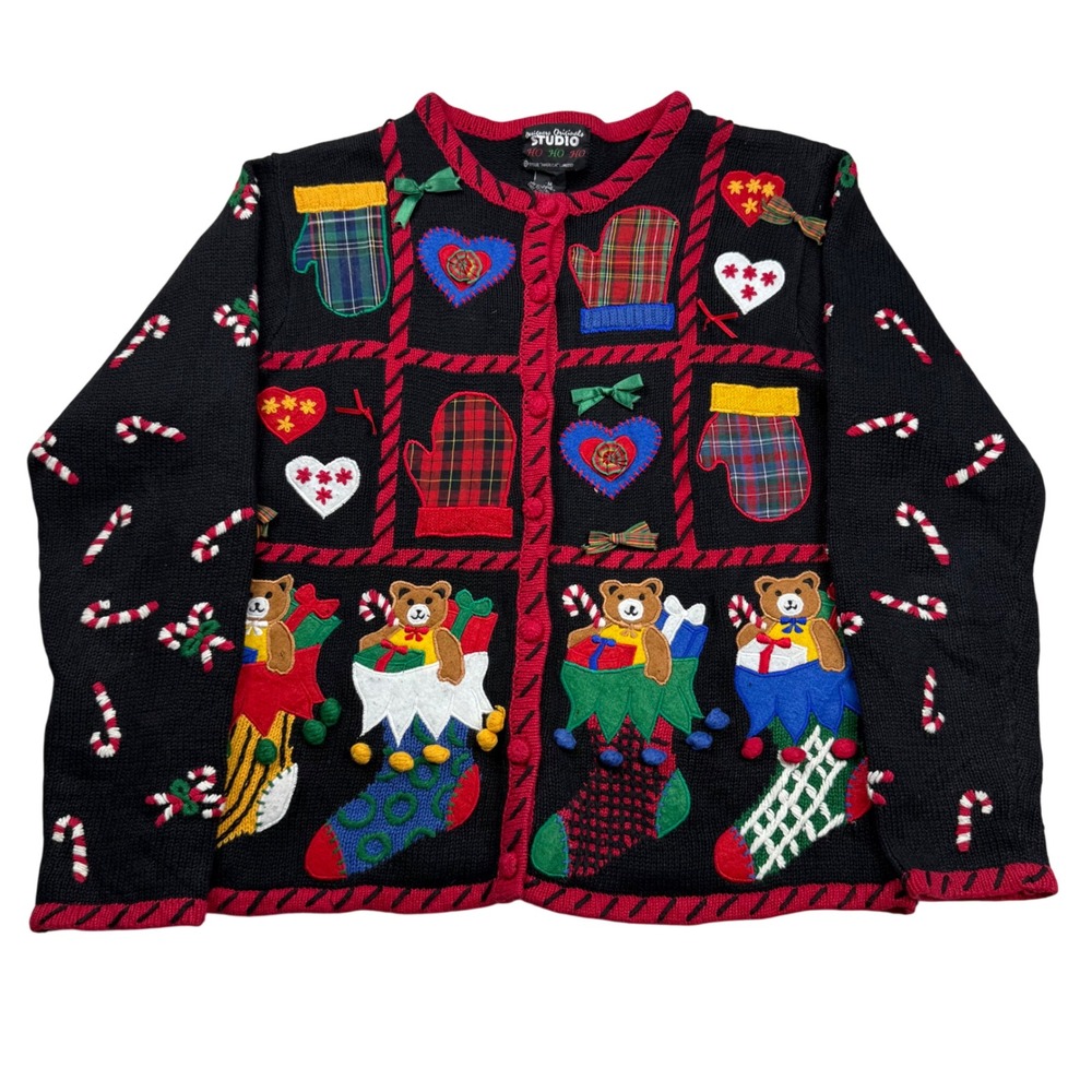 Designers Originals Studio Vintage Christmas Cardigan Sweater Teddy Bear Medium